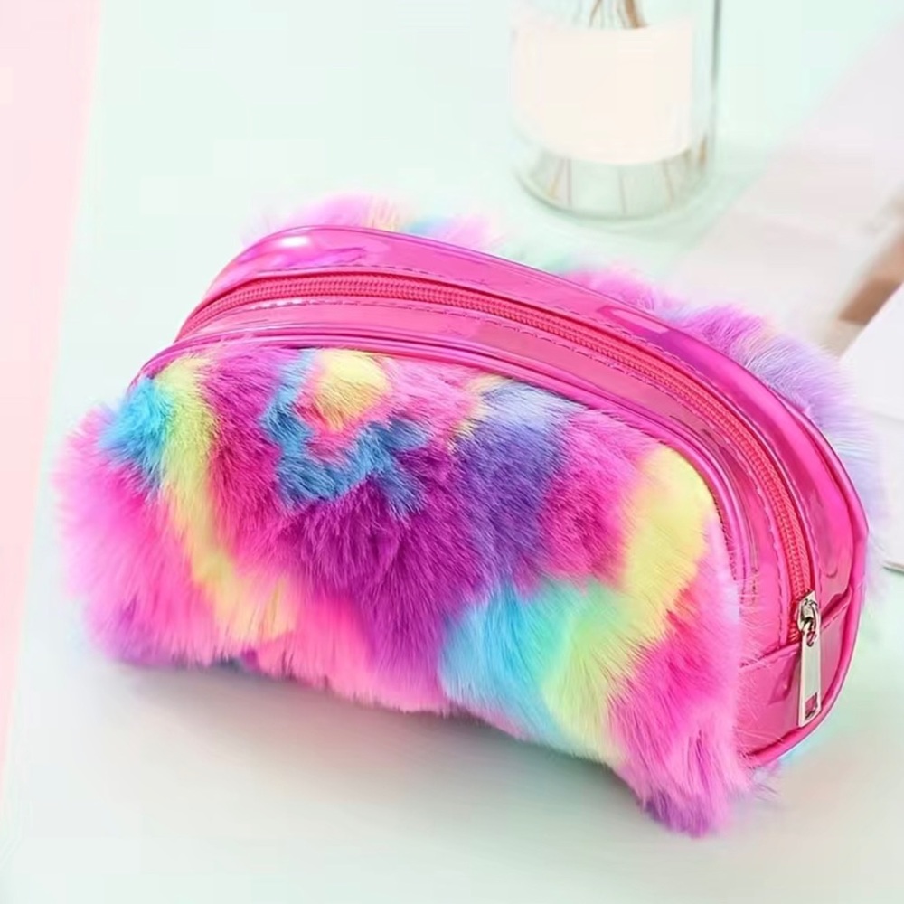 Pencil Case Rainbow Unicorn Plush Cosmetic Bag  Zippered Hot Pink Magenta